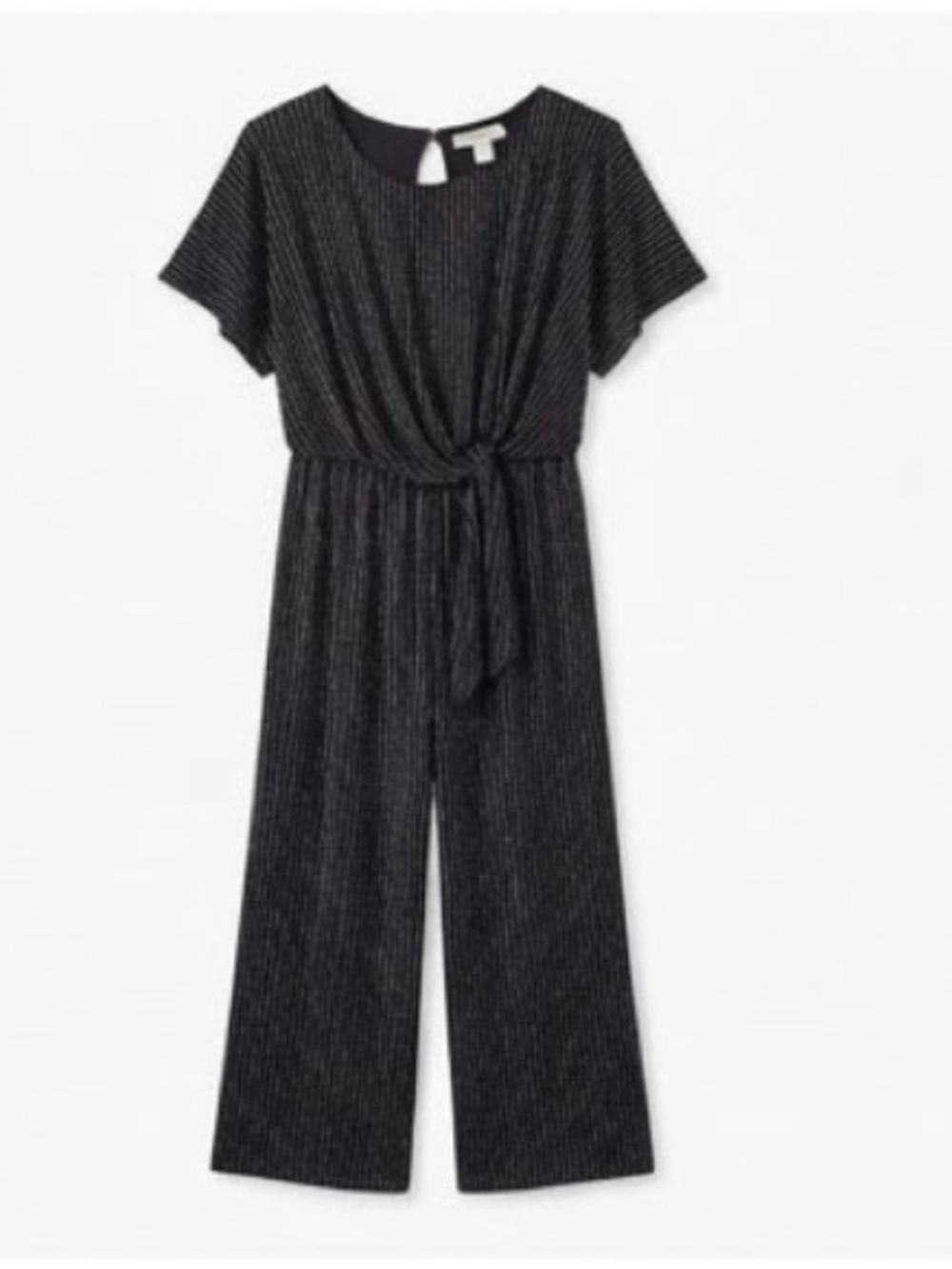 Dressbarn Black Metallic Stripe Short Sleeve Keyhole Back Jumpsuit (Size M)